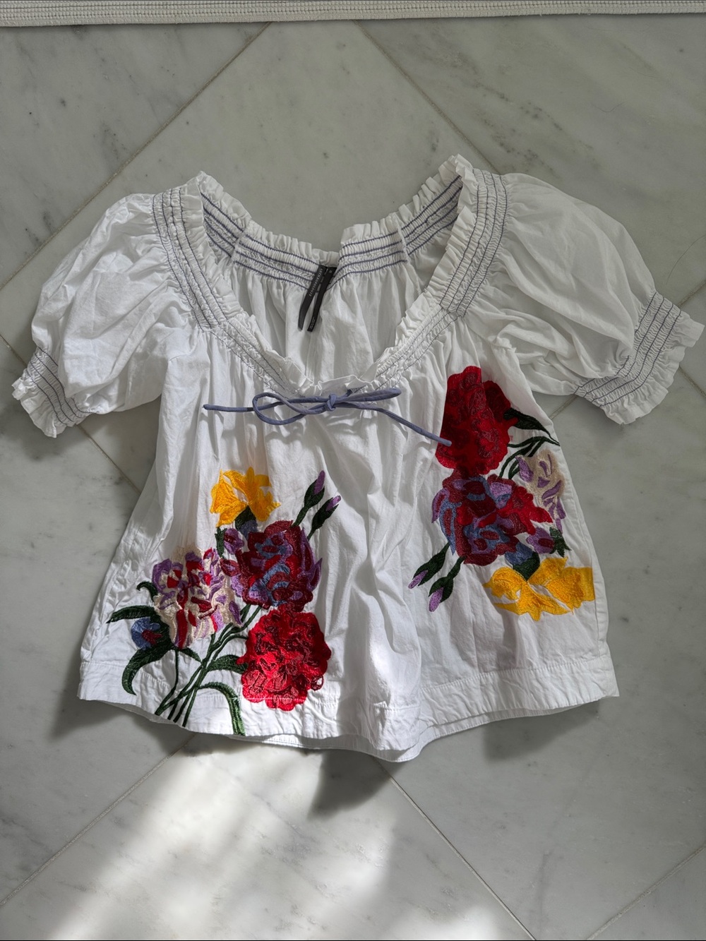 Anthropologie White Off-Shoulder Floral Peasant Top